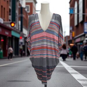 Multicolor Knit V Neck Tunic Top Boho Coastal Resort Vacation Striped Festival S